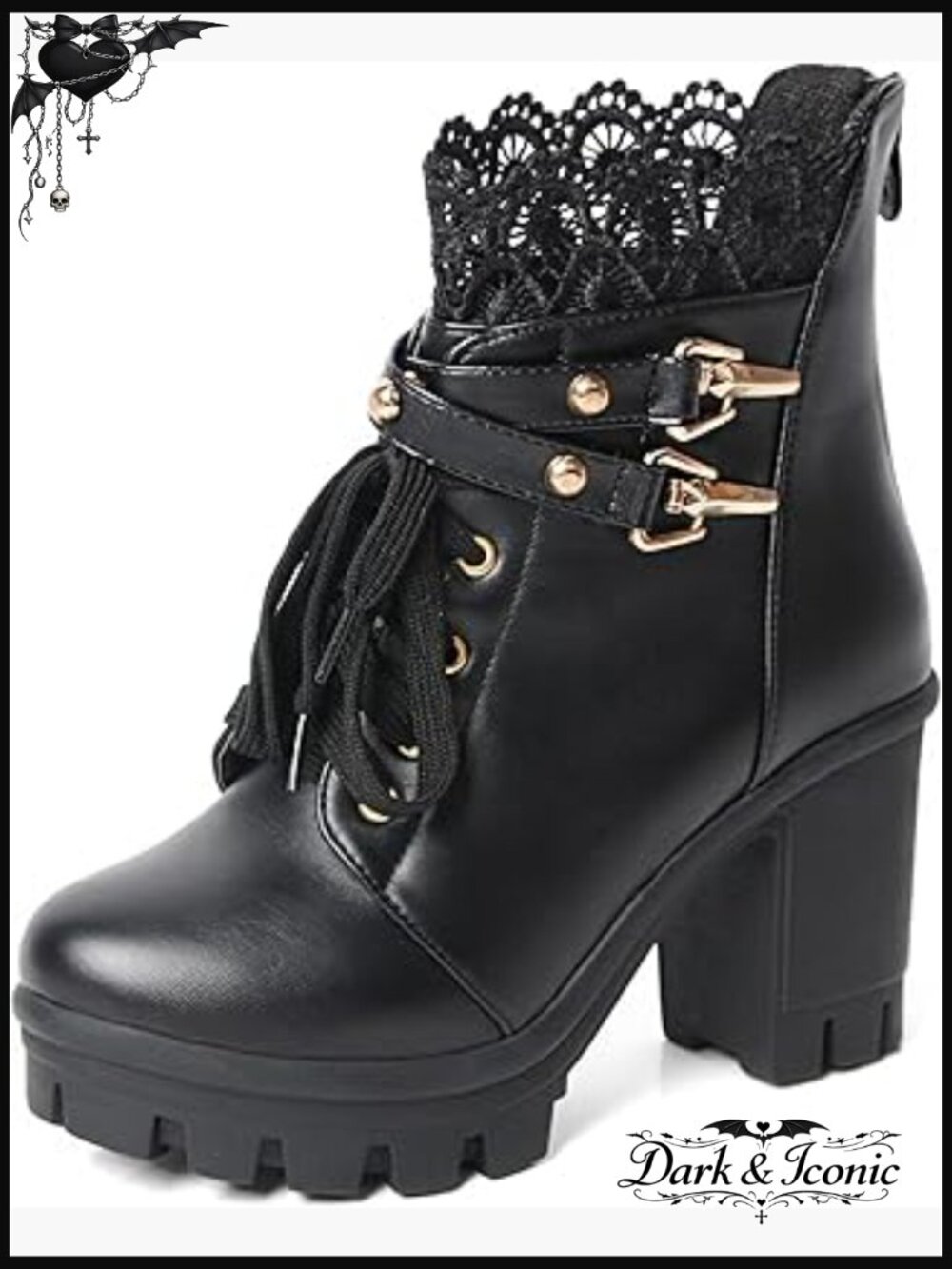 Platform Combat Boots with Chunky Heel, Zipper Closure, Gothic Style - Picture 1 of 7